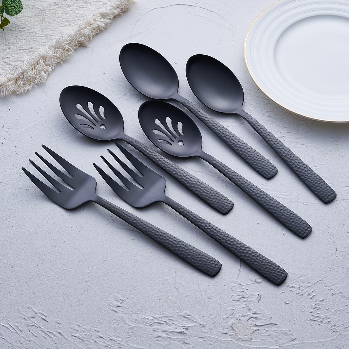 Fullyware Matte Black Serving Utensil Set, 9.5-Inch Stainless Steel Large Serving Spoon And Serving Fork, Satin Finish